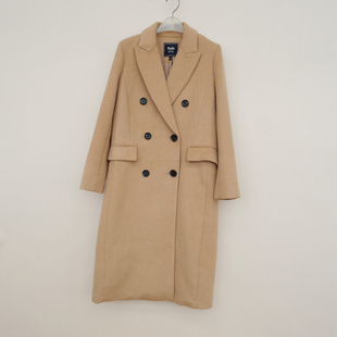 拉系SM专柜正品女冬加厚暖过膝双排扣正肩毛呢外套大衣5A2544驼色