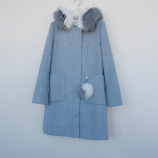 拉系列/S正品断码 女冬厚保暖狐狸毛领毛呢外套大衣4A7287夹花灰