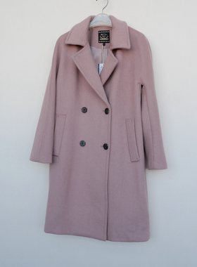 拉系SML专柜清仓女冬厚暖及膝直筒羊毛混纺呢外套大衣4A4077灰粉