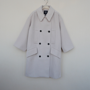 拉系SML撤柜正品 毛呢大衣6A0580米白 女冬加厚保暖宽松盖膝大阔袖