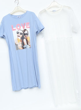 CC系列/S正品断码 夏全棉中长针织网纱两件套连衣裙2C379066天蓝