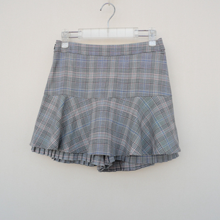 拉系SML专柜清仓 女春秋舒柔中高腰百褶边裙裤短裤6A7225格子混色