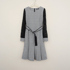 拉系SML正品清仓 女春秋厚柔亲肤格子布到膝长袖连衣裙6A0203混色