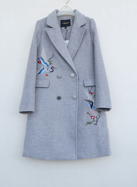 拉系列专柜正品女冬季中长甜酷绣花厚羊毛混纺毛呢外套8B9436浅灰