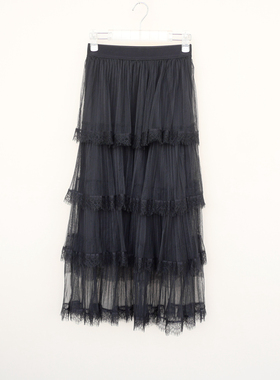 拉系列S/M专柜断码 女春秋中长蕾丝花边网纱八分半身裙5A4188黑色