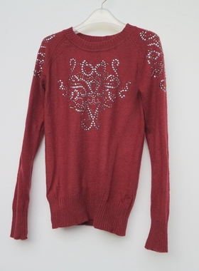 艾格淘特/S专柜正品断码 女秋冬暗红色兔毛混纺圆领薄毛衣N7312