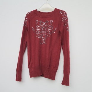女秋冬暗红色兔毛混纺圆领薄毛衣N7312 断码 艾格淘特 S专柜正品