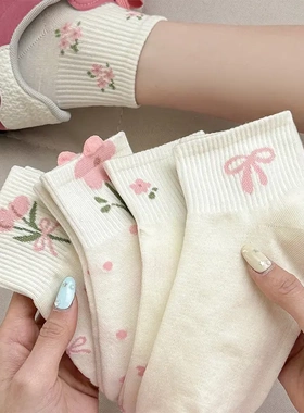 袜子女棉短袜春夏季薄款可爱日系百搭粉色蝴蝶结防臭白色低帮船袜