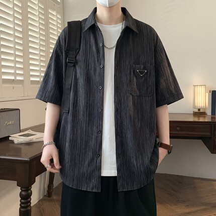 轻奢风竖条短袖衬衫男高级感宽松衬衣青少年学生时尚潮流休闲上衣