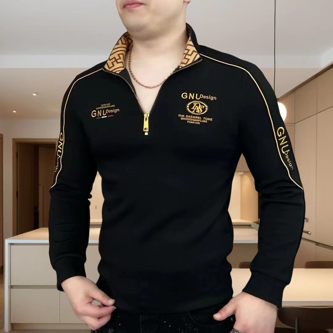 抖音同款男士t恤秋季卫衣男长袖T恤立领拉链上衣修身休闲体恤潮流