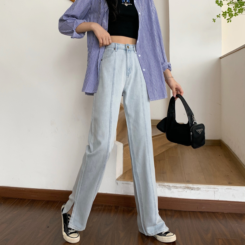 Real shot real price summer thin new style straight tube loose high waist slim slit mopping jeans