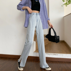 Real shot real price summer thin new style straight tube loose high waist slim slit mopping jeans