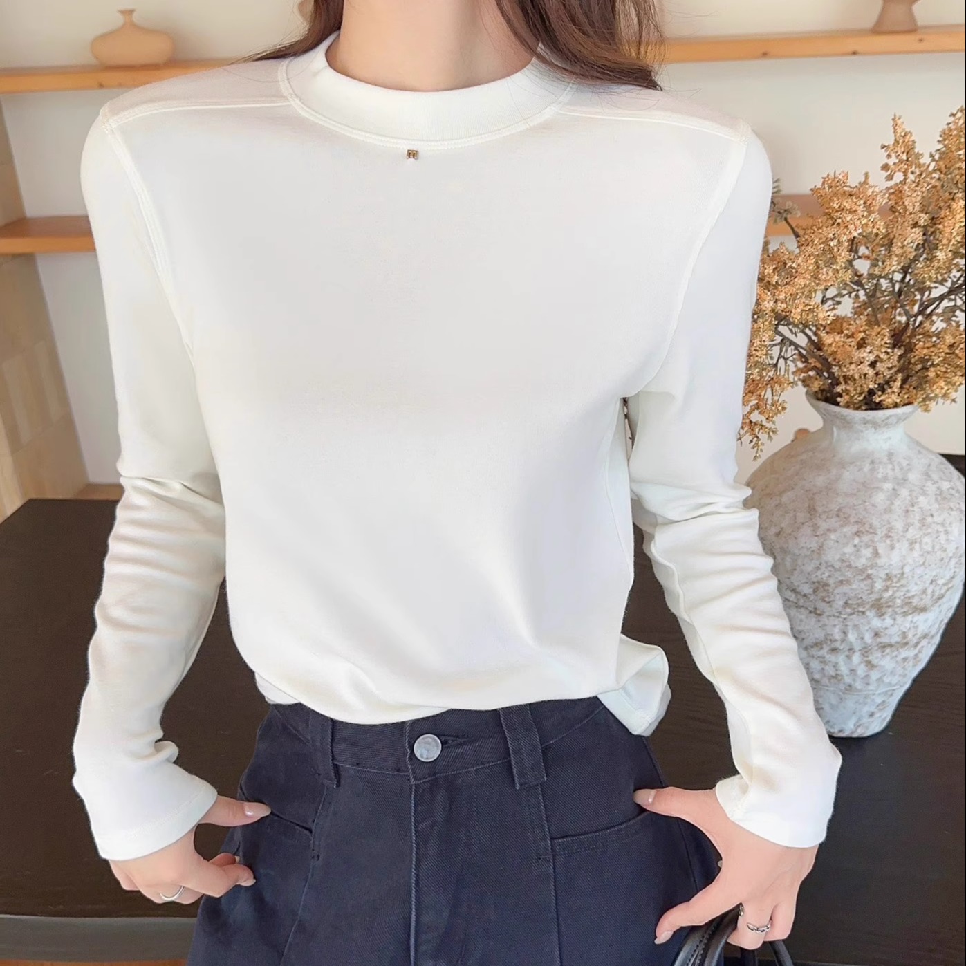 尚品秀9927寸领加绒打底衫女2025年秋冬新款百搭内搭修身显瘦上衣