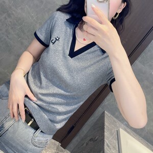 尚品秀9833V领polo衫修身螺纹短袖t恤女2024新款正肩显瘦时尚半袖