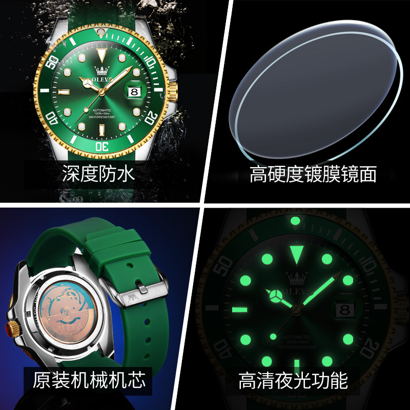 Swiss genuine brand green rubber watch with luminous calendar watch mens watch fully automatic mechanical watch hollow out