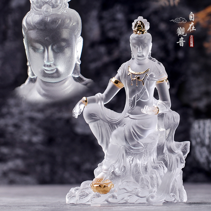 琉璃自在观音佛像观世音观自在菩萨家用家居佛堂供奉摆放水月观音