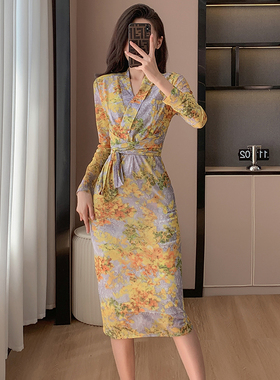 实拍现货秋季新款网纱修身黄色碎花包臀显瘦气质优雅中长款连衣…