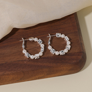 FLOAT浮漾银色串珠大耳圈复古碎银子珍珠耳环百搭高级感耳夹耳饰