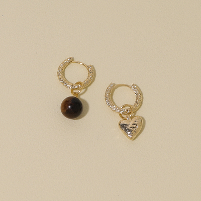 FLOAT浮漾秋冬虎眼石爱心不对称耳环女复古时髦高级感蚊香盘耳夹