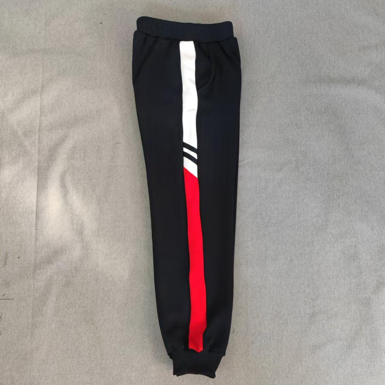 春秋冬红蓝加灰拼接细条休闲裤