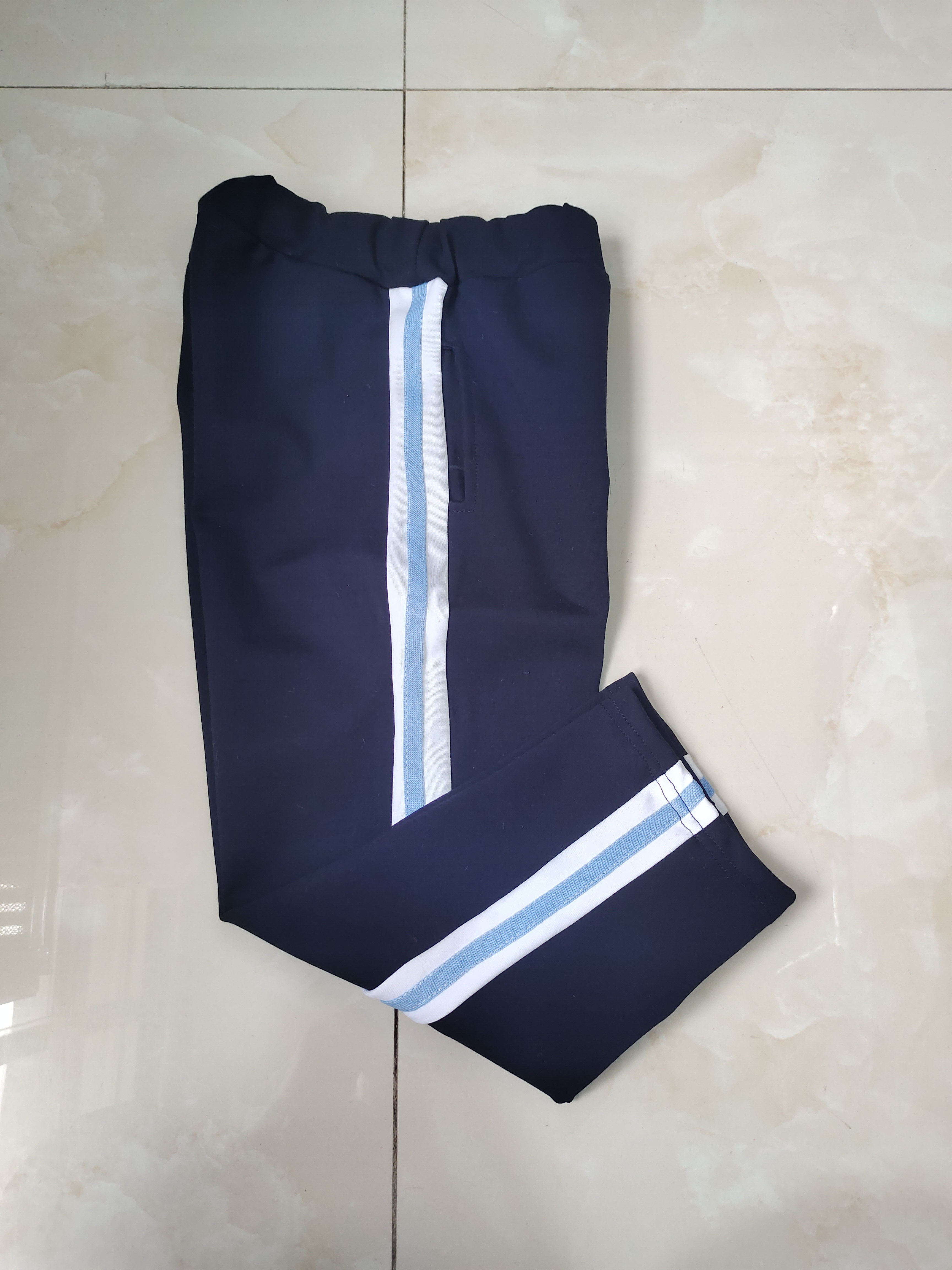 CUSTOM-MADE SPRING AUTUMN AND WINTER BOYS AND GIRLS SCHOOL PANTS THE SAME SWEATPANTS NAVY BLUE STITCHING 4CM WHITE-EDGED HAZE BLUE STRIPED VELVET TROUSERS