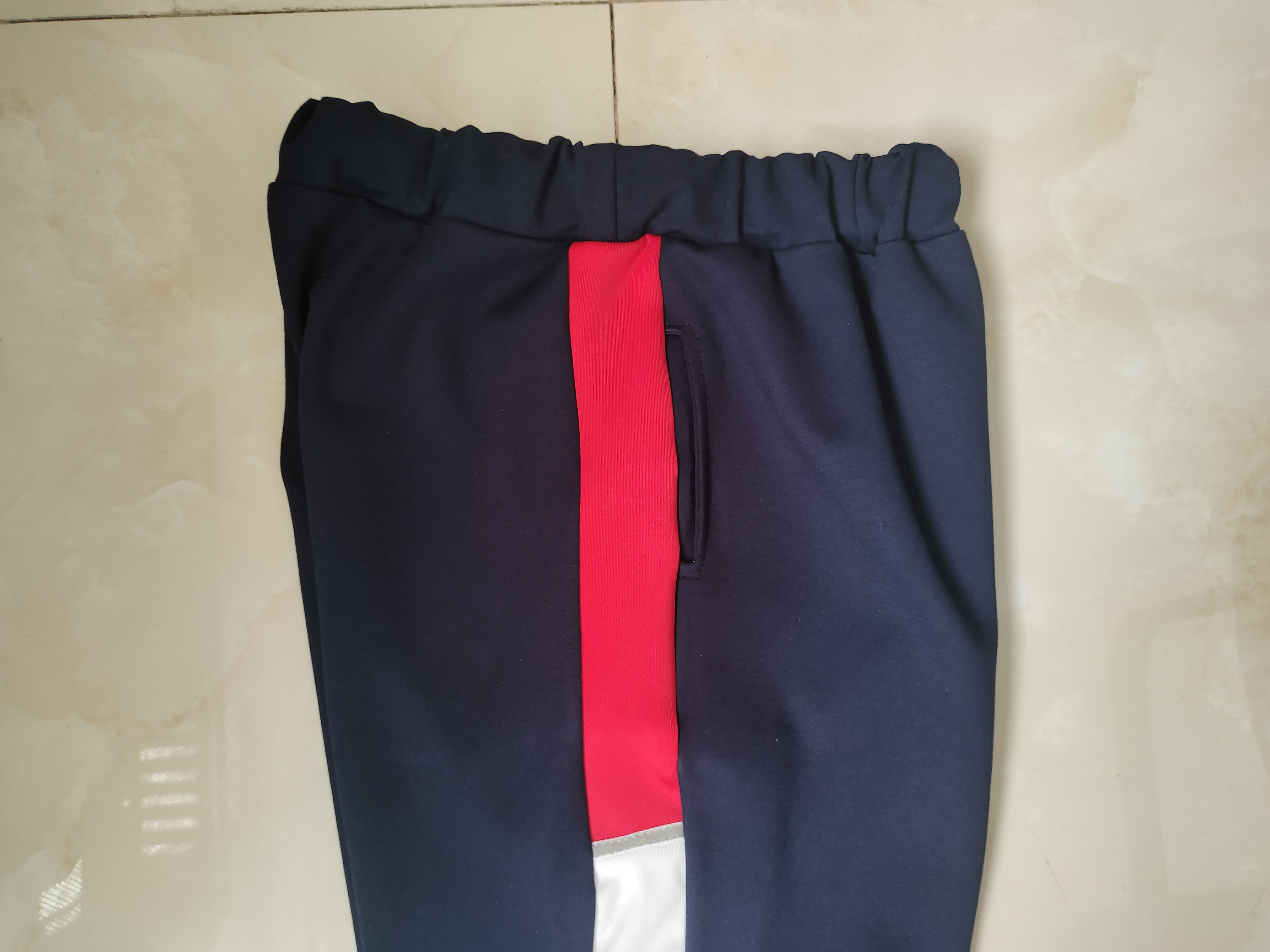 CUSTOM-MADE MENS AND WOMENS SCHOOL PANTS THE SAME SWEATPANTS NAVY BLUE STITCHING RED AND WHITE WIDE STRIPS PLUS A GRAY WIDE BAR AND FLEECE TROUSERS