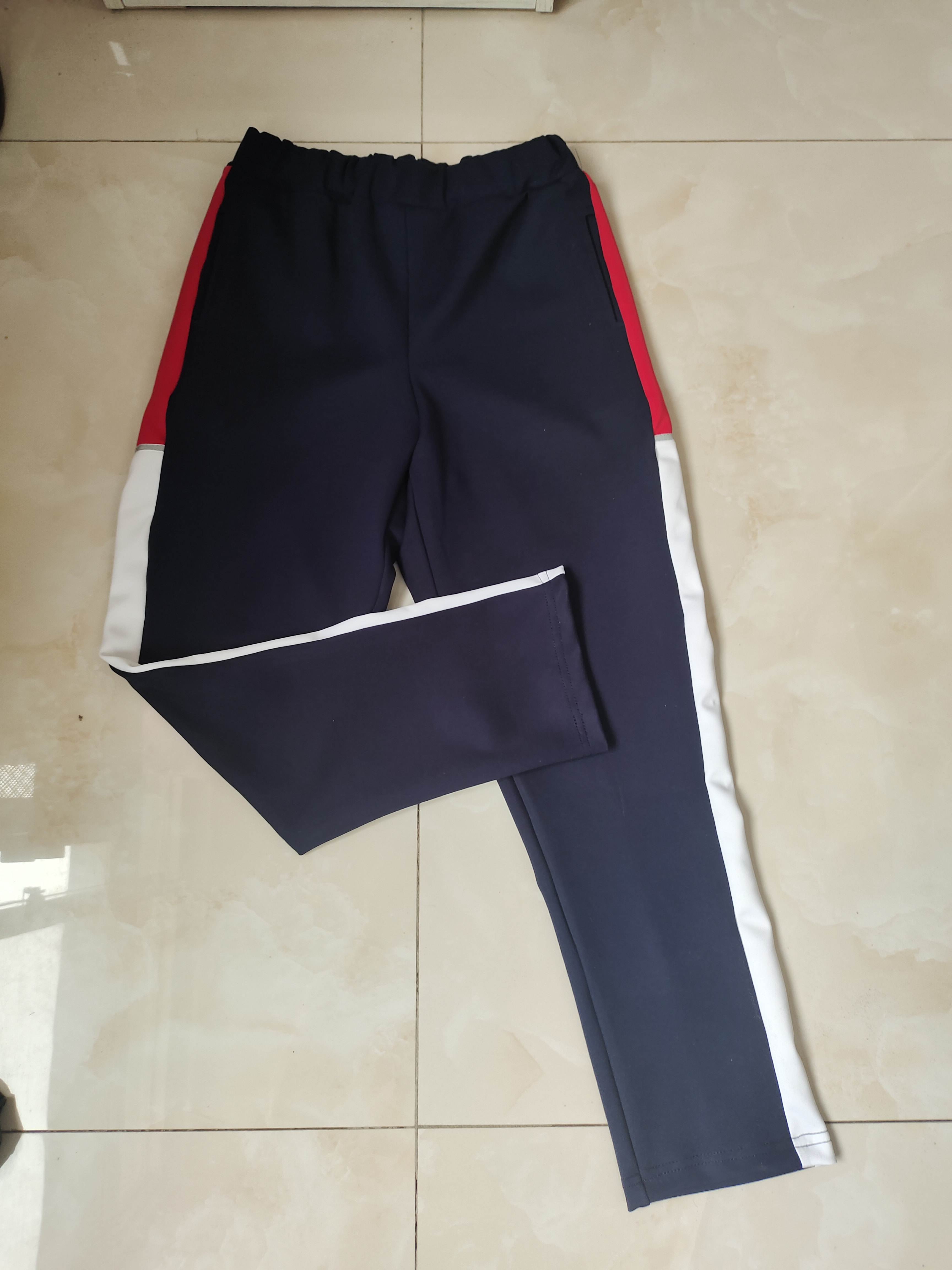 CUSTOM-MADE MENS AND WOMENS SCHOOL PANTS THE SAME SWEATPANTS NAVY BLUE STITCHING RED AND WHITE WIDE STRIPS PLUS A GRAY WIDE BAR AND FLEECE TROUSERS