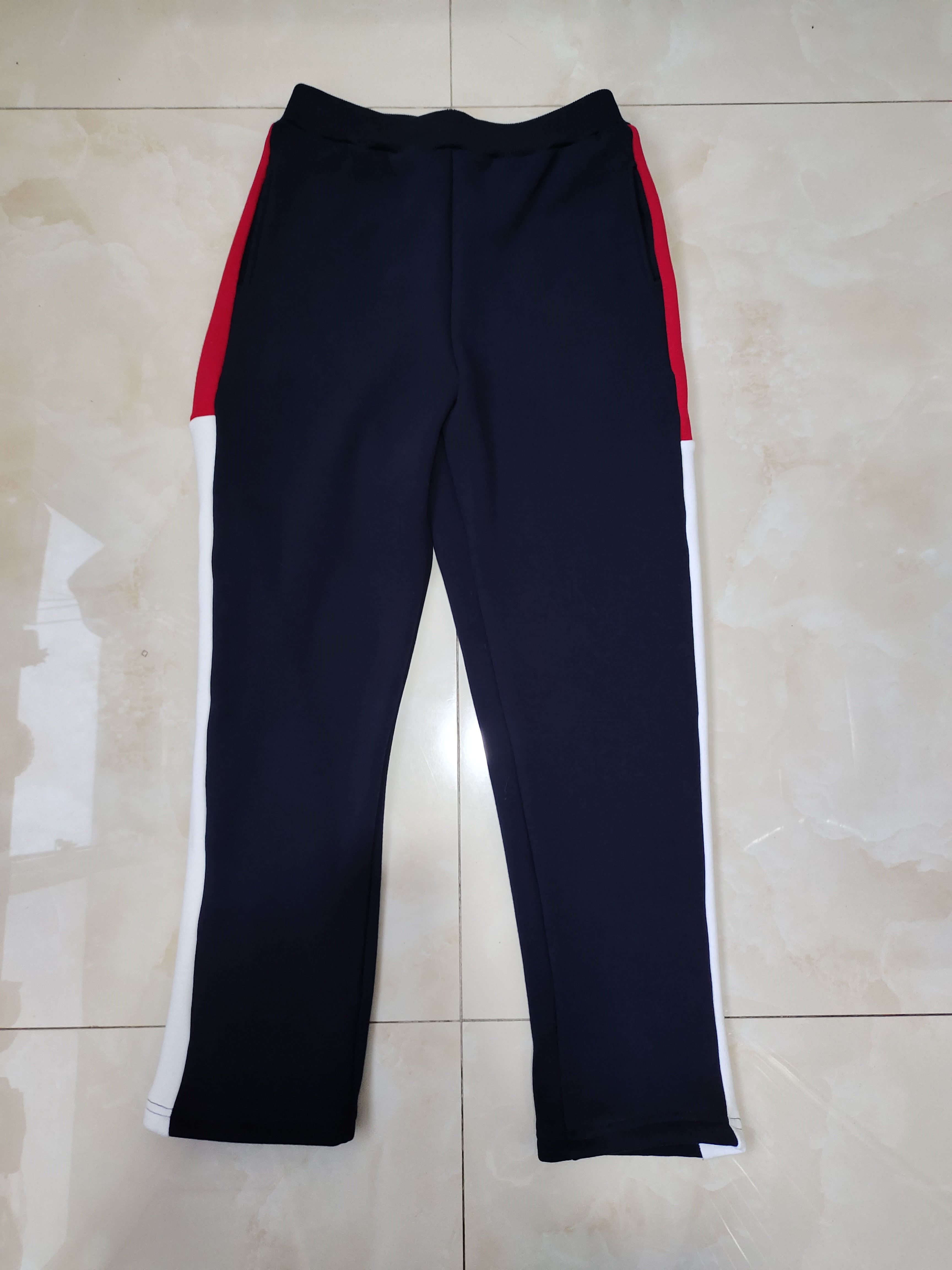 CUSTOM-MADE SPRING AUTUMN AND WINTER SCHOOL PANTS FOR BOYS AND GIRLS THE SAME SWEATPANTS NAVY BLUE STITCHING RED AND WHITE WIDE BAR FLEECE SWEATPANTS