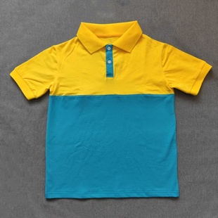 定做夏季男女校服同款运动半袖浅蓝色拼黄色袖翻领休闲T恤POLO衫