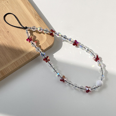 手机绳欧美品牌stringting同款白红撞色水晶蝴蝶手机链相机挂绳