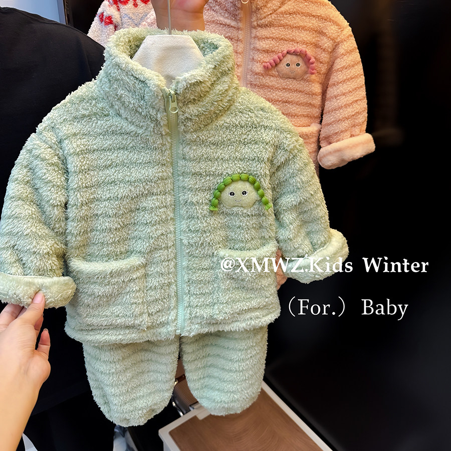 童装家居服套装26秋冬新款儿童韩版条纹加厚双面绒家居服套装睡衣