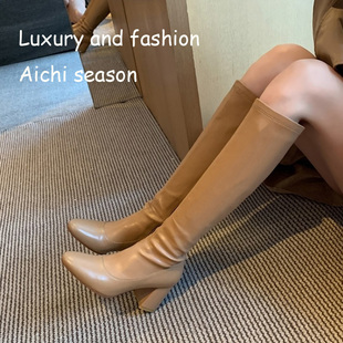 真皮白色弹力靴女秋冬高跟长靴女不过膝粗跟长筒靴高筒靴瘦瘦靴潮