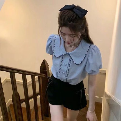 法式泡泡袖蓝色娃娃领短袖衬衫女