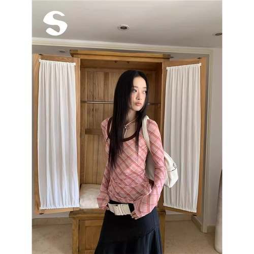Sleep at 11韩系穿搭格纹修身粉色上衣长袖T恤女设计感内搭打底衫