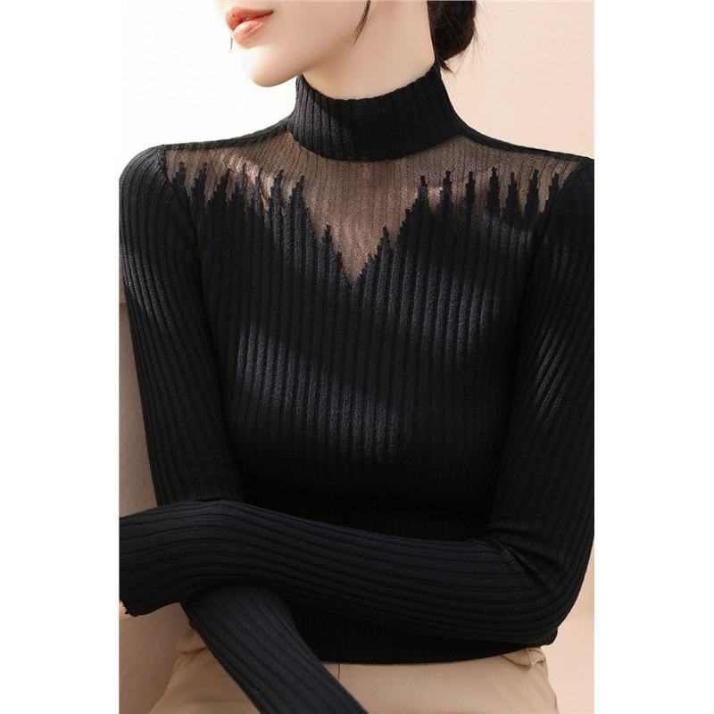 2024秋冬新款黑色蕾丝镂空长袖上衣女装色修身半高领针织打底衫