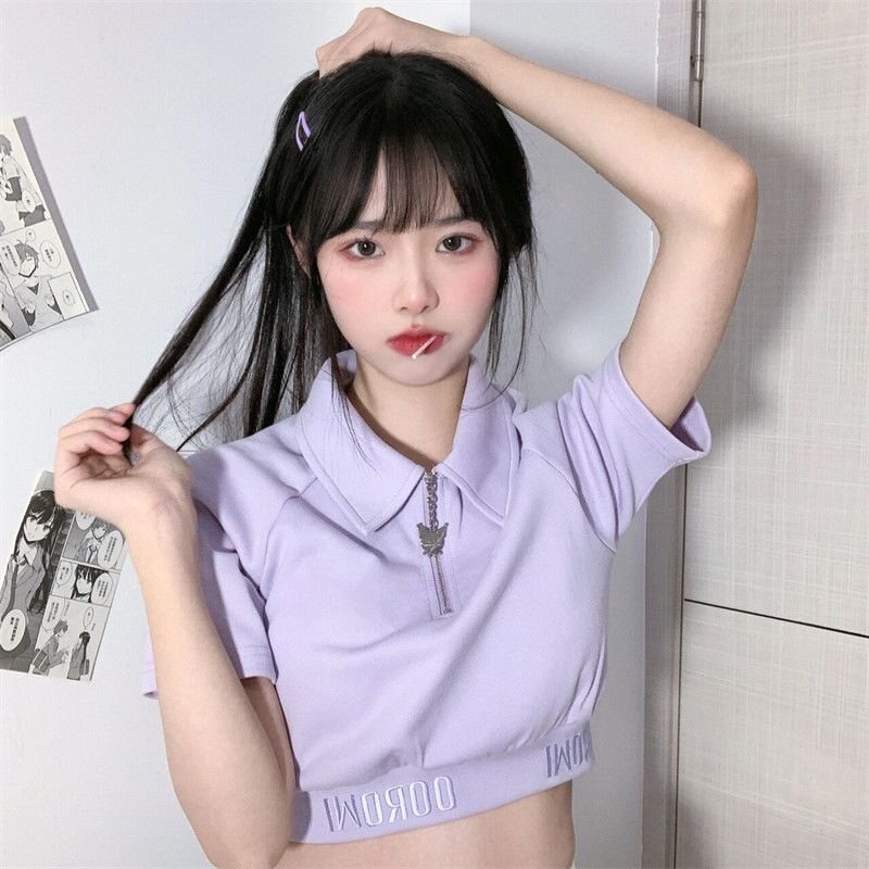 夏季短袖t恤女原宿风设计感小众港味甜辣妹露脐短款学生大码上衣