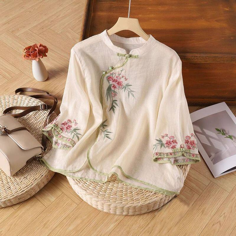 新款复古新中式盘扣宽松立领斜襟民族风绣花妈妈款七分袖衬衫上衣