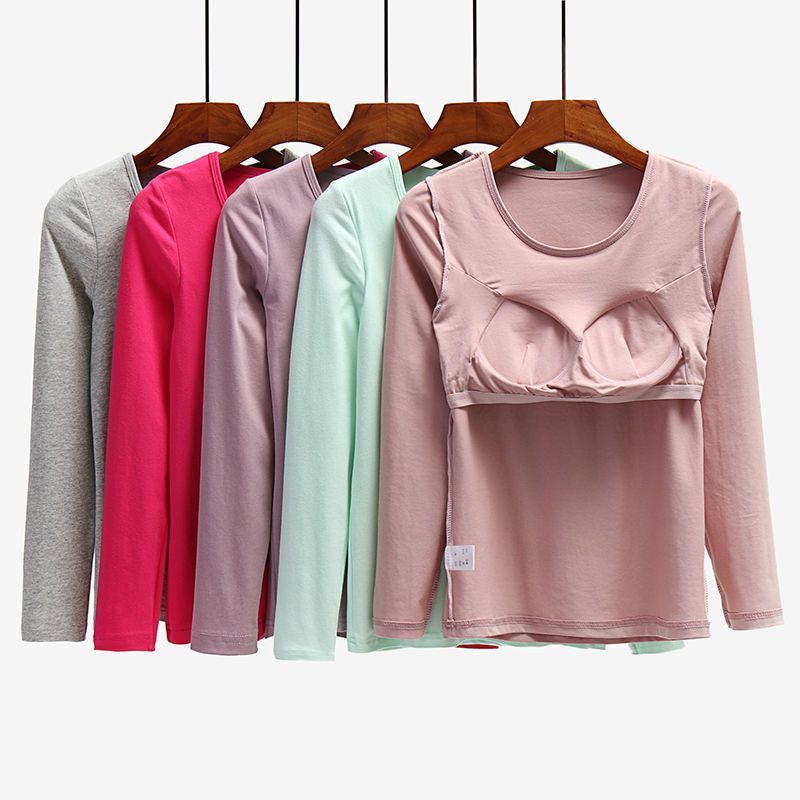 新款带胸垫T恤女春秋修身白色洋气内搭外穿上衣睡衣内衣免文胸