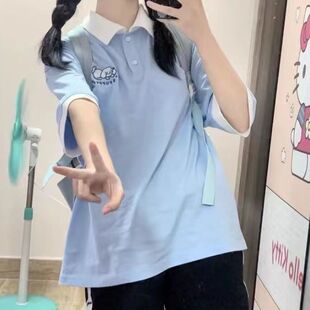 蓝色萌狗polo衫短袖T恤上衣女夏季日系软妹宽松休闲学生学院风ins