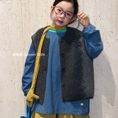 女童蓝色条纹长袖T恤上衣