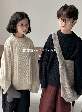 儿童纯色麻花毛线衣冬季新品韩系男女童圆领加厚针织上衣套头毛衣