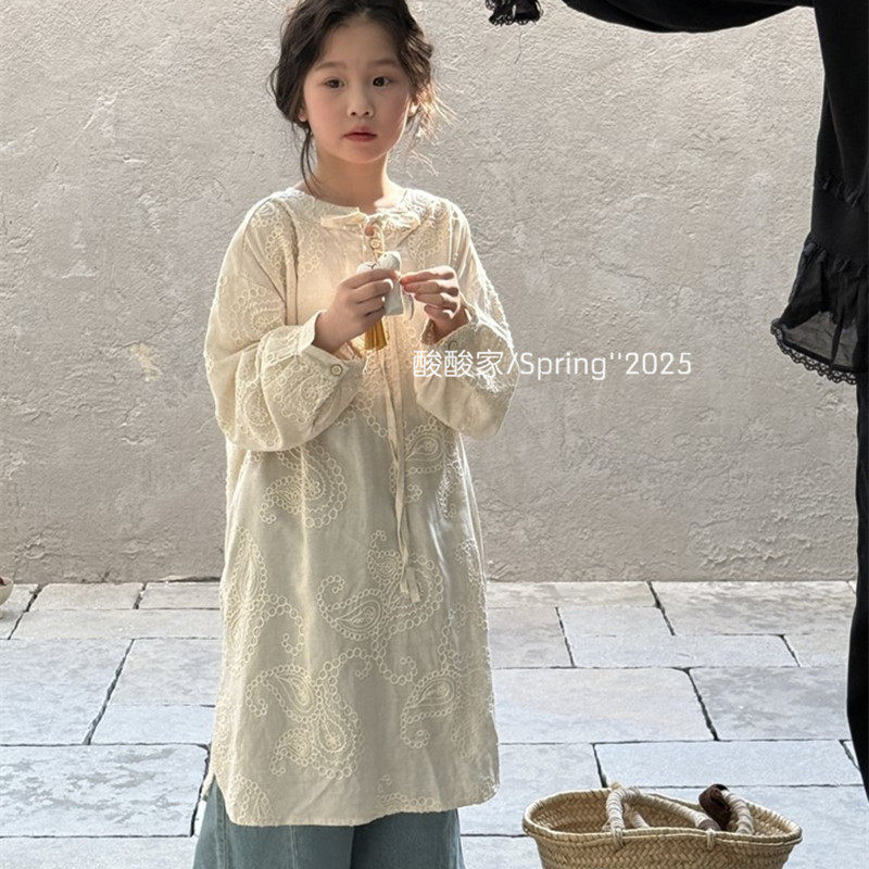 女童韩版纯色休闲连衣裙春季新品女宝宝长袖开叉系带文艺裙子洋气