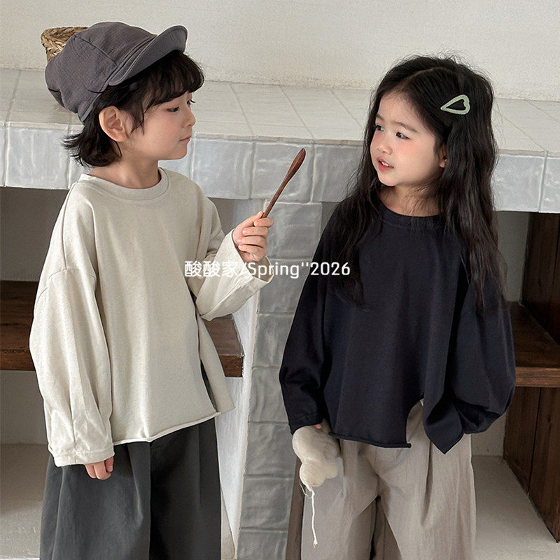 儿童简约纯色长袖T恤春季新品韩系男女宝宝破洞毛边打底上衣百搭