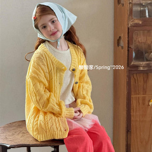 女童温柔黄色慵懒风针织衫春季新品韩系女宝宝镂空毛衣开衫外套