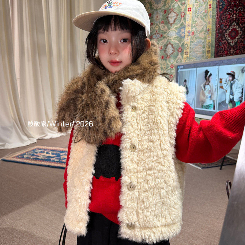 女童米色保暖毛毛马甲冬季新品韩系儿童百搭无袖外套坎肩背心上衣