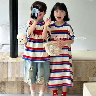 韩系儿童短袖 女童红蓝条纹中长款 新品 潮 宽松卫衣裙夏季 T恤兄妹装