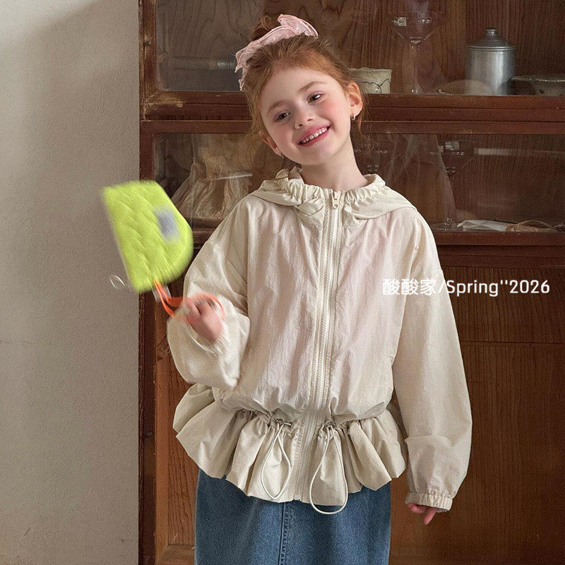 女童米色轻薄连帽外套春季新品女宝宝休闲宽松拉链衫防晒衣夹克衫
