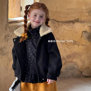女童复古黑色毛领呢子外套冬季新品韩系女宝宝短款加厚呢大衣洋气