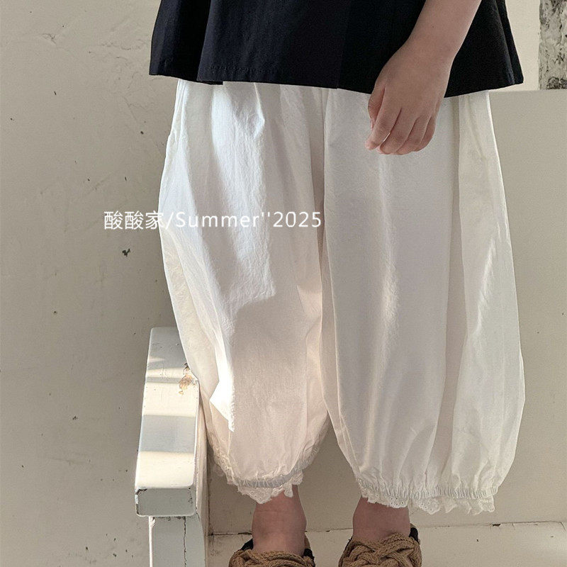韩国童装女童简约纯色花边灯笼裤夏季新品女宝宝宽松休闲九分裤子