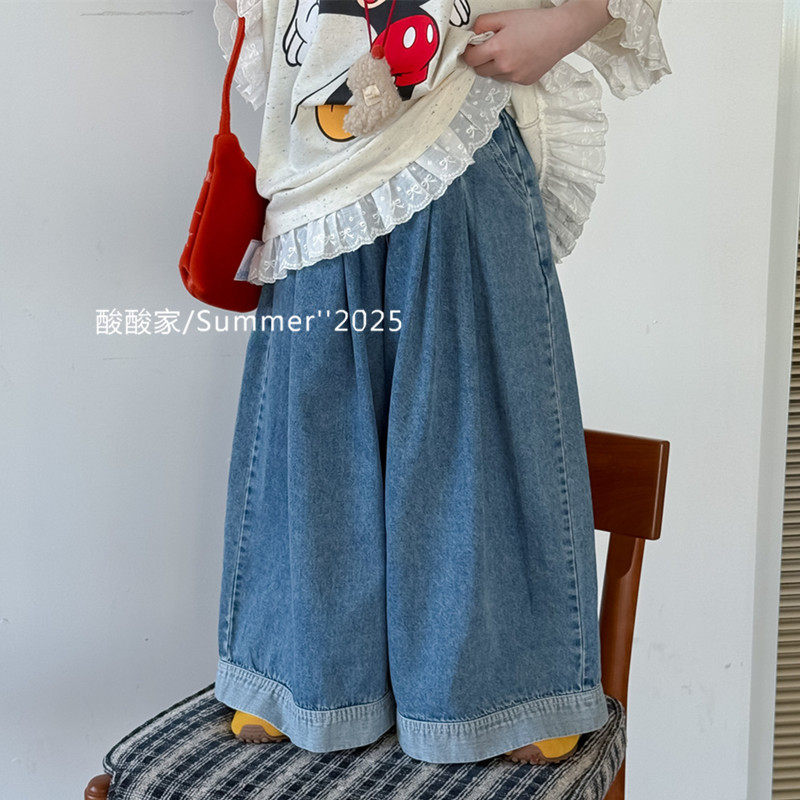 女童设计感脚口拼色阔腿裤子夏季新品韩系儿童休闲百搭宽松牛仔裤,童装/婴儿装/亲子装,裤子,淘宝优惠券,粉丝福利购,淘宝优惠卷